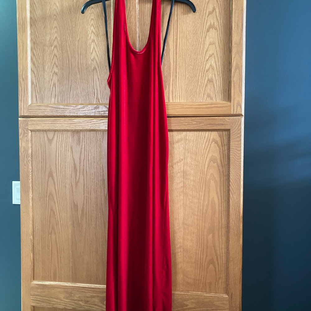 Coquette  Red Velvet Halter lounge dress. Deep scoop back. Size Large 54” length